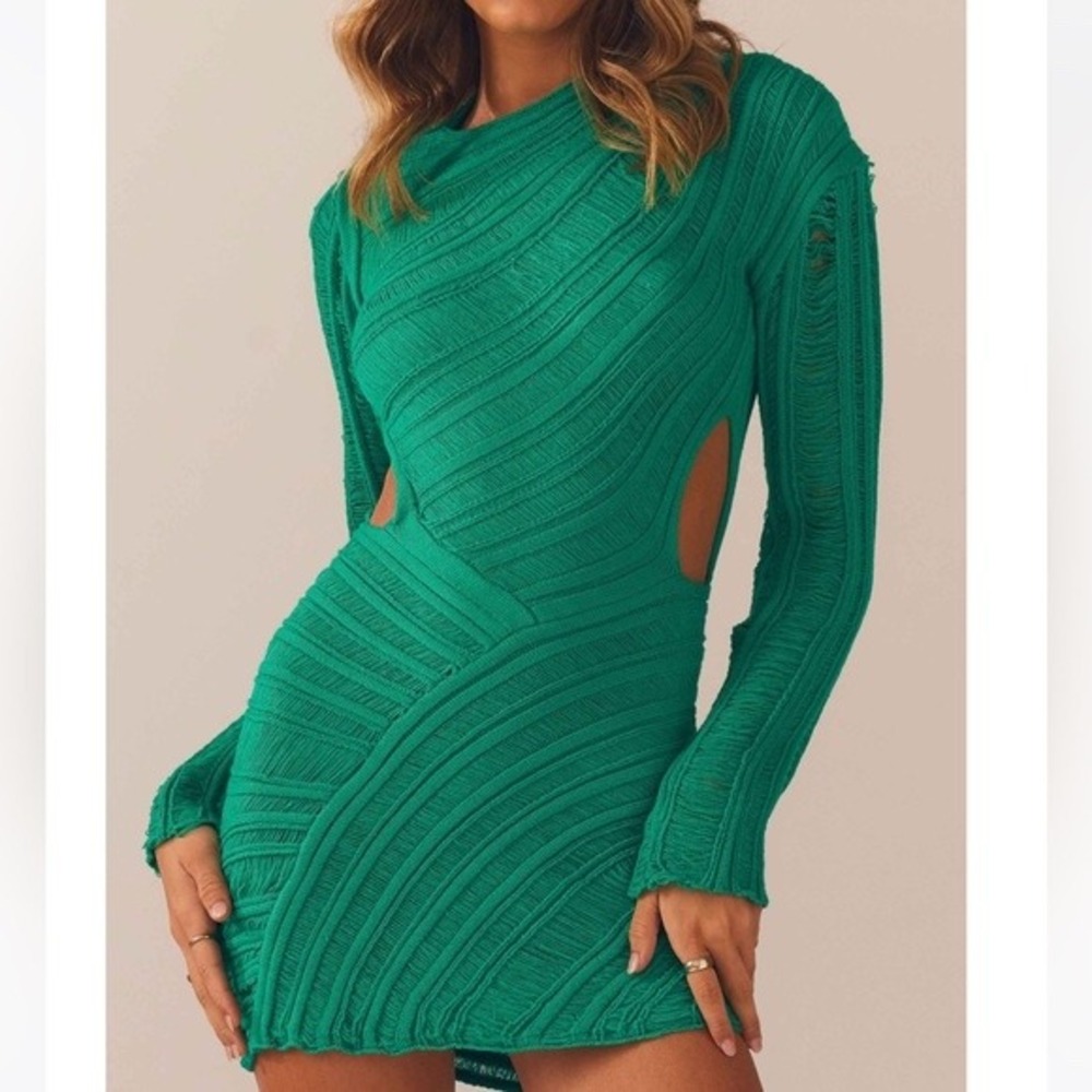 Peppermayo Green Knit Long Sleeve Mini Dress with Cutouts Size XS/S